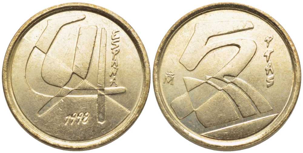 ИСПАНИЯ 5 ПЕСЕТ 1998 ХУАН КАРЛОС I (1975-) KM 833 алюминиевая бронза 116-567