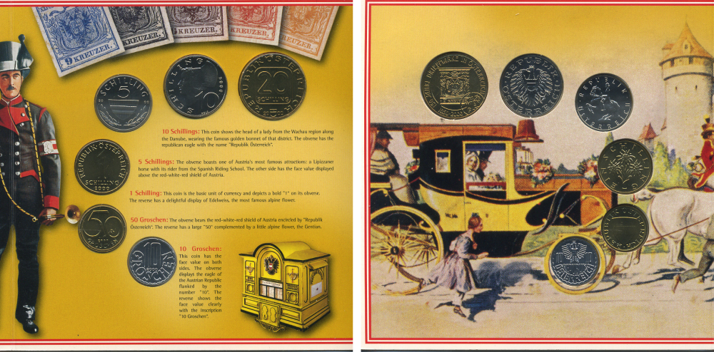 Австрия набор из 6 монет 2000 официальный набор, 10, 50 грошей, 1, 5, 10, 20 шиллингов 150 лет первой австрийской почтовой марке, в оригинальном картонном буклете KM MS 9 UNC 1-6-4-62