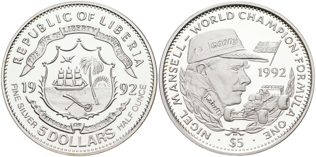 Либерия 5 долларов 1992 чемпионы формулы 1, Найджел Мэнселл 1992 год KM 76 серебро PROOF 1096-5-74