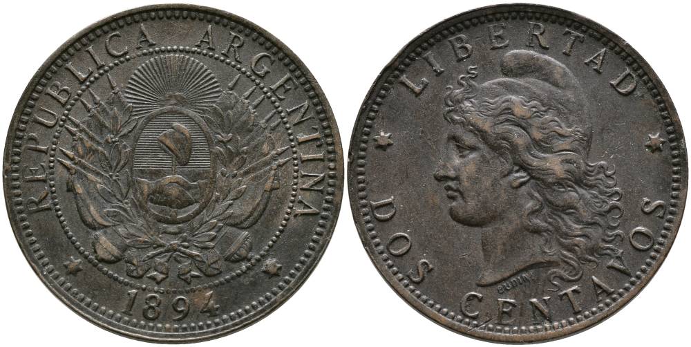 Аргентина 2 сентаво 1894 голова свободы влево KM 8 бронза 4531-1212