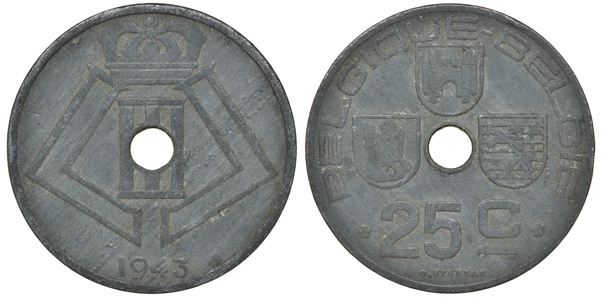 Бельгия 25 сантимов 1943 Belgique-Belgie KM 125 цинк 4163-633