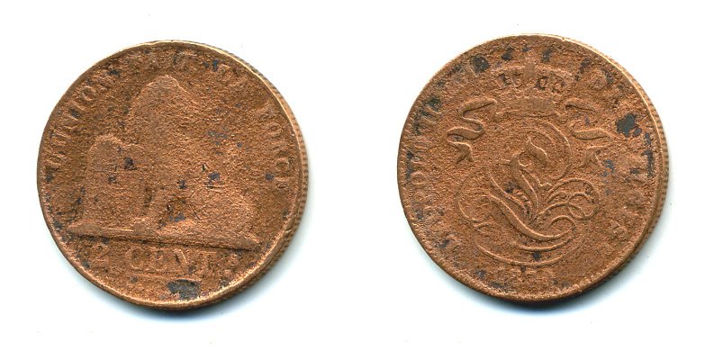БЕЛЬГИЯ 2 ЦЕНТА 1870 KM 35.1 медь 58-1036