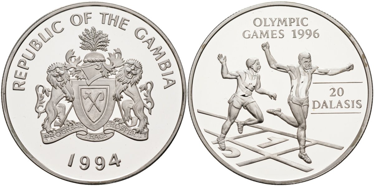 Гамбия 20 даласи 1994 Олимпийские игры 1996 года в Атланте, бег KM 47 серебро PROOF 1098-1-61