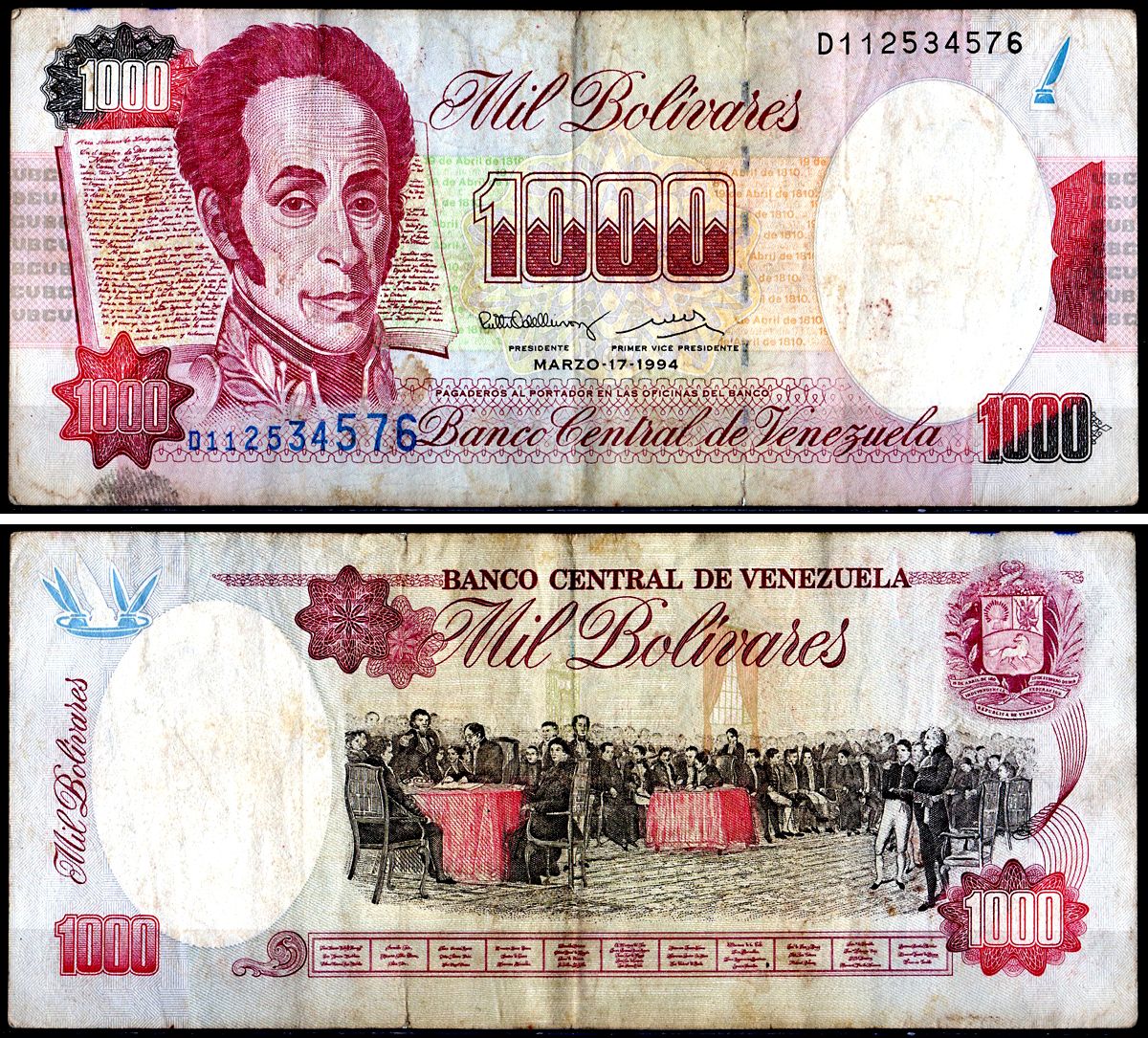 Венесуэла 1000 боливаров 1994 Pick 76a бумага 3295-74-3-1