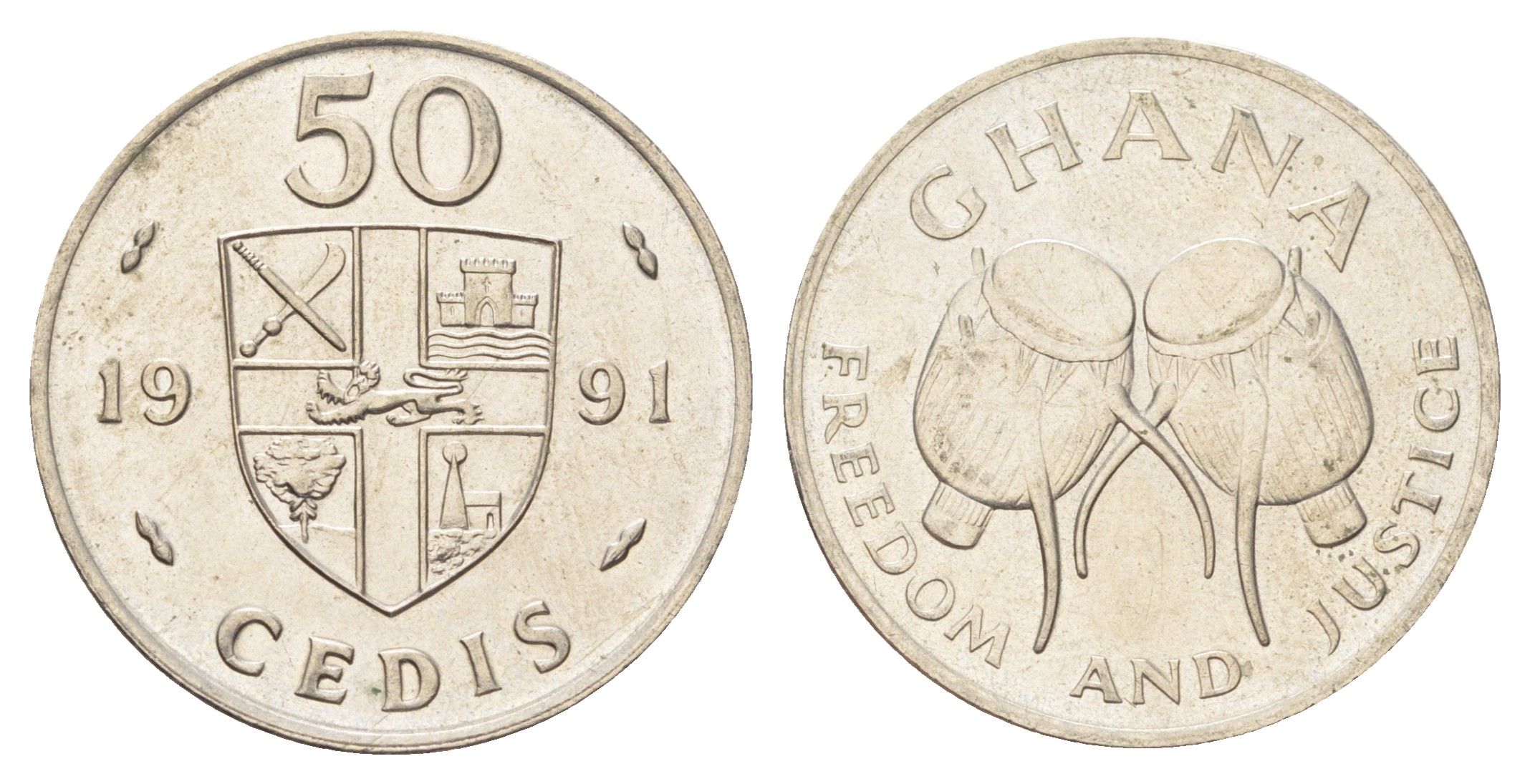 Гана 50 седи 1991 год-тип, два барабана KM 31 медно-никель UNC 4703-1251