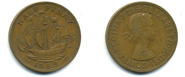 Великобритания 1/2 пенни 1959 Елизавета II (1952-2022) KM 896, Spink 4158 бронза 56-422