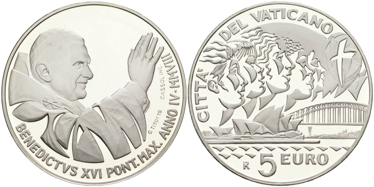 Ватикан 5 евро 2008 Бенедикт XVI, XXVII летние Олимпийские игры 2000 года в Сиднее, в оригинальной коробке, с сертификатом KM 406 серебро  PROOF  7-1-1-29