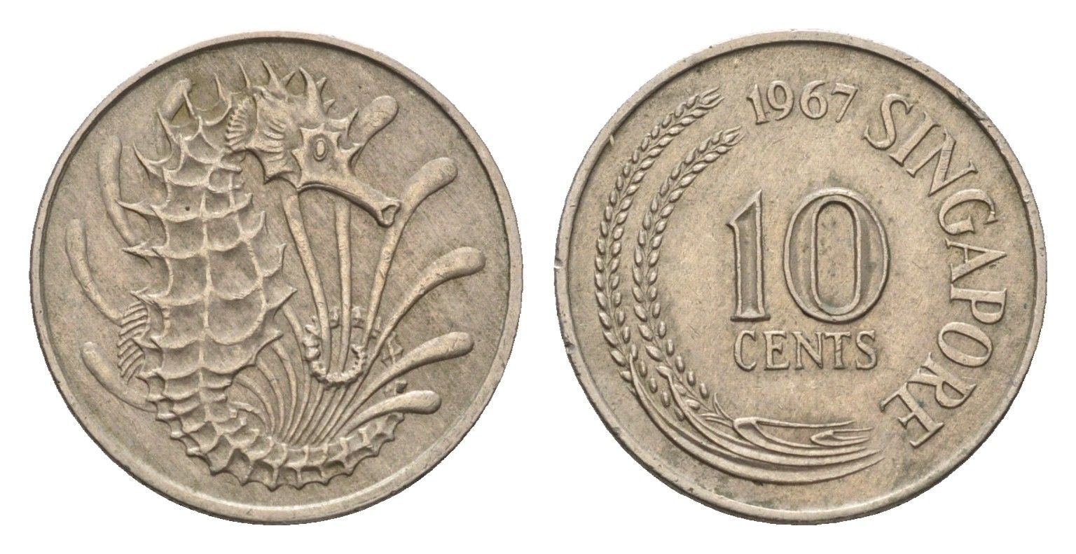 Сингапур 10 центов 1967 морской конек KM 3 медно-никель 4549-732