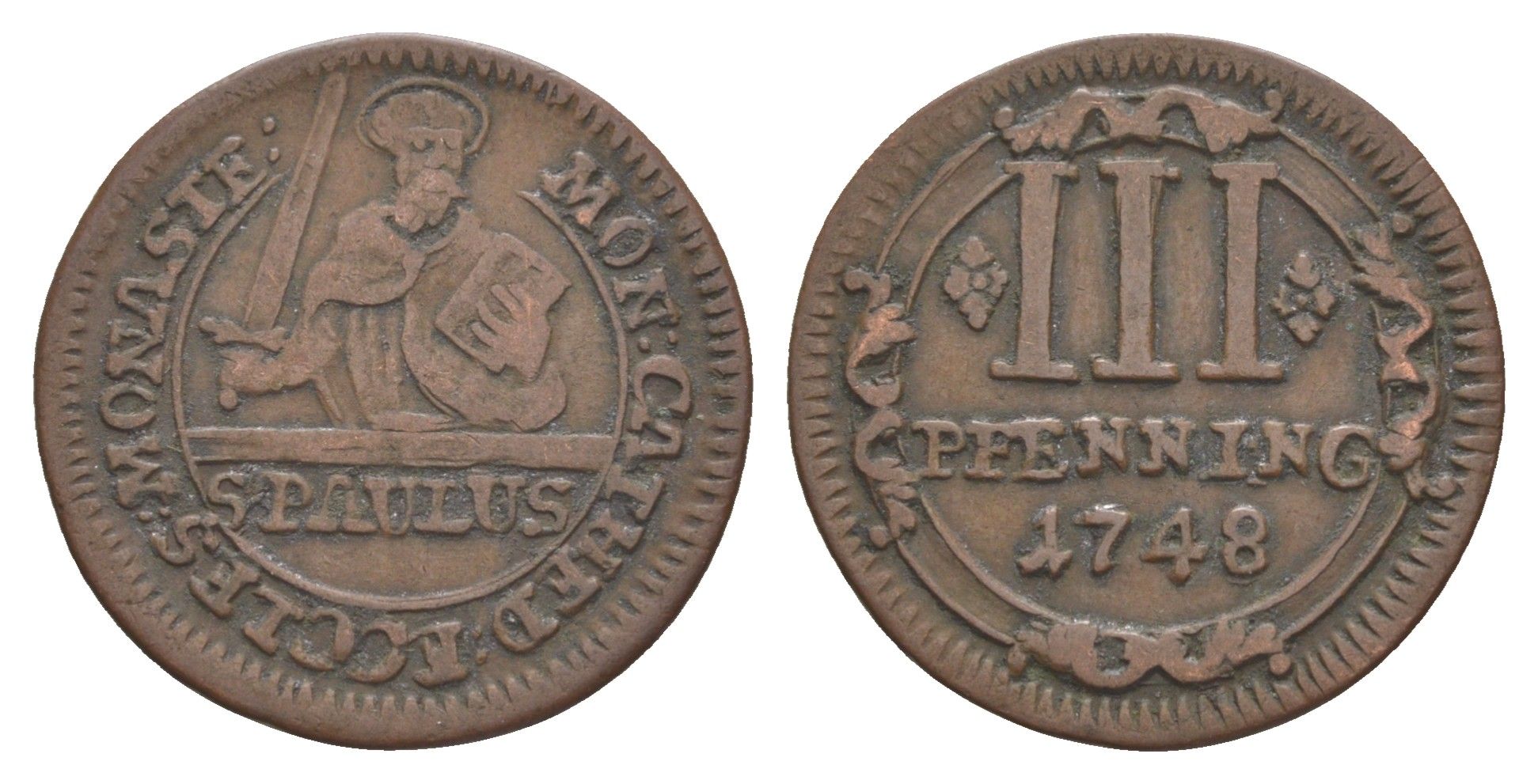 Мюнстер 3 пфеннига 1748 Монетный двор кафедрального капитула KM 430 медь 633-1511