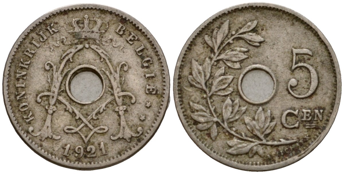 Бельгия 5 сантимов 1921 Belgie KM 67 медно-никель 4602-121