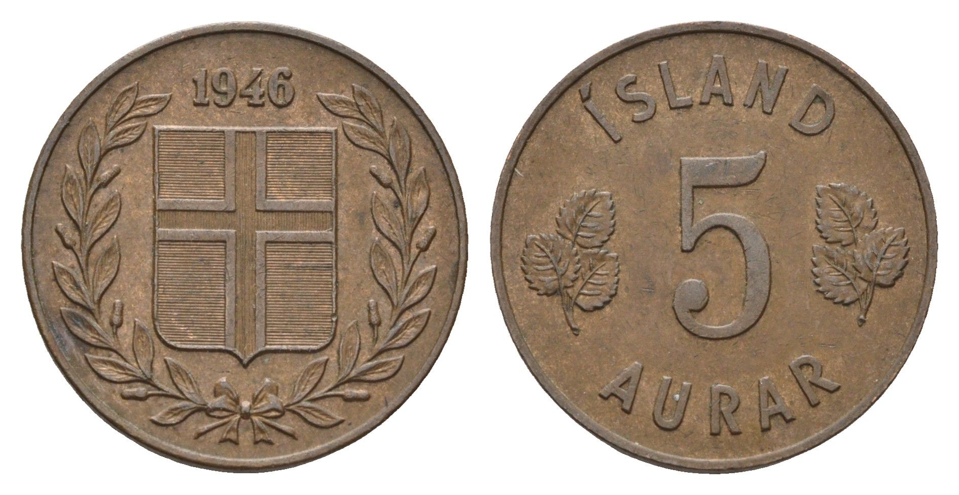 Исландия 5 эйре 1946 KM 9 бронза 4691-317