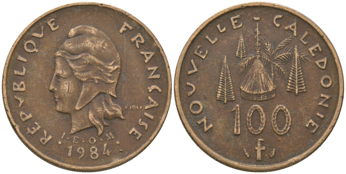 Французская Новая Каледония 100 франков 1984 хижина среди сосен и пальм, (IEOM) KM 15, Schoen 16, Lec 134 никель бронза 88-412