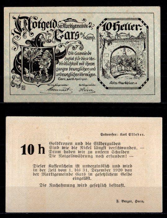 Австрия, Гарс-ам-Камп 10 геллеров 1920 Jaksc/Pick JPR0222a-10 бумага UNC (пресс) 2193-41-2-1