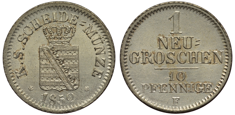 Саксония 1 новый грош - 10 пфеннигов 1852 Фридрих Август II (1797-1854) KM 1159, J. 82 серебро aUNC 413-4642