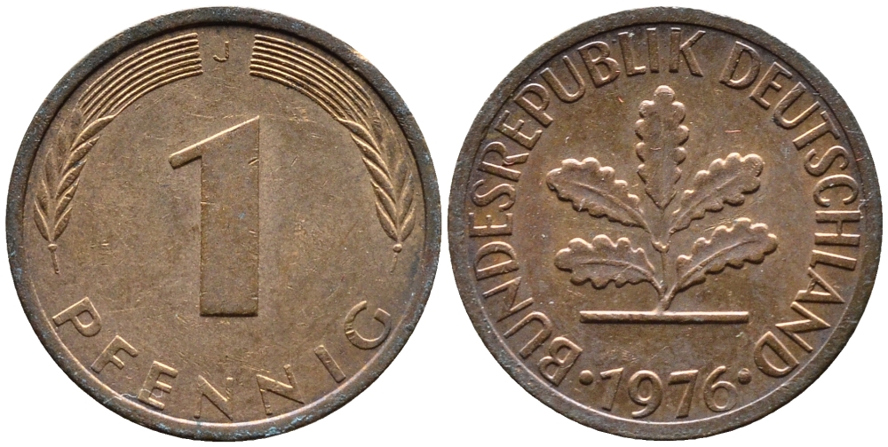 ФРГ 1 ПФЕННИГ 1976 J KM105, J.380 сталь плакированная медью 4392-441