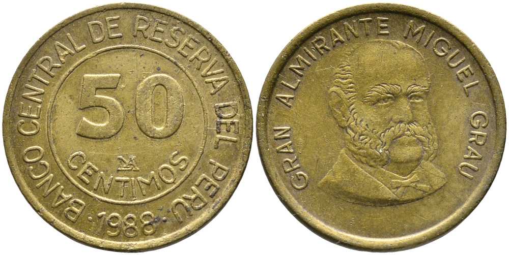 ПЕРУ 50 СЕНТИМО 1988 LIMA, МАНУЭЛЬ ГРАУ KM 295 латунь 110-753