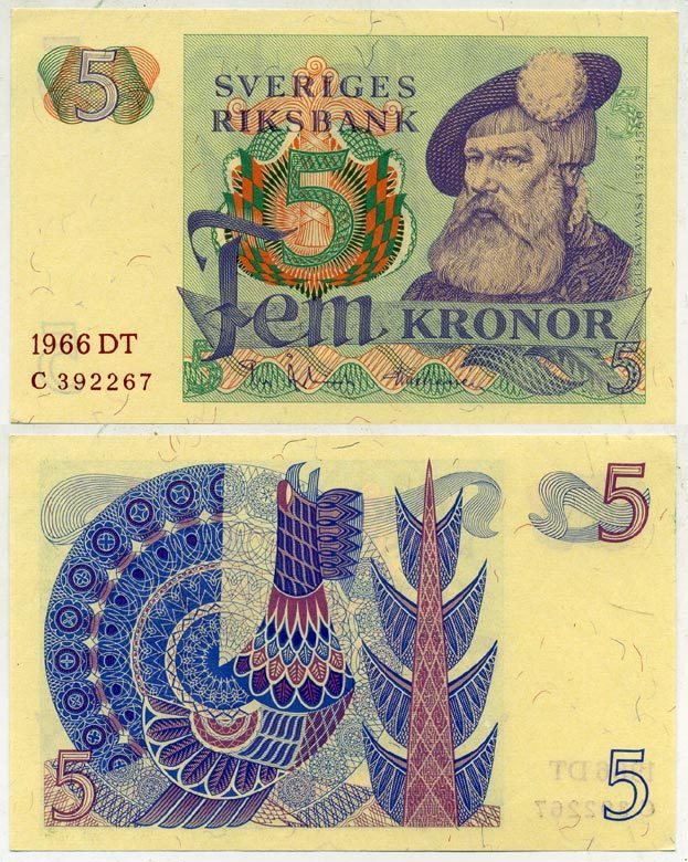 Швеция 5 крон 1966 DT, Густав I Ваза Pick 51a бумага aUNC 2192-4-3-1