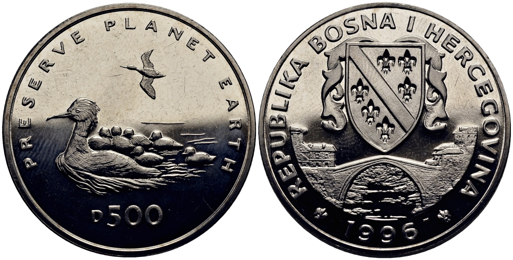 Босния и Герцеговина 500 динаров 1995 серия сохраним планету, утка с утятами KM 79 медно-никель UNC M90-06