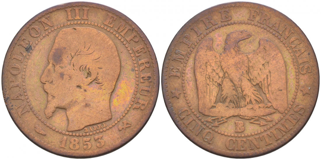 Франция 5 сантимов 1855 B, Наполеон III (1852-1870) KM 777.2, LE FRANC 166.18 бронза 68-521