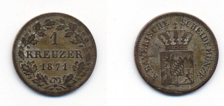 Бавария 1 крейцер 1871 Людвиг II (1864-1886) KM 487 серебро 71-1536