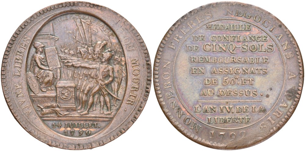Франция 5 солей (су) 1792 LAN 4, революции, токен, VIVRE LIBRAS OU MOURIR ("Жить свободным или умереть", MONNERON FRERES NEGOCIANS A PARIS (Торговцы братья Моннерон. Париж). KM Tn31, Guilloteau 291, Mazard 145 бронза 4552-1014