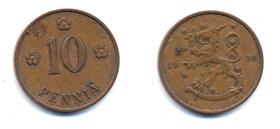 Финляндия 10 пенни 1936 республика (1918-1962) KM 24 медь 51-5513