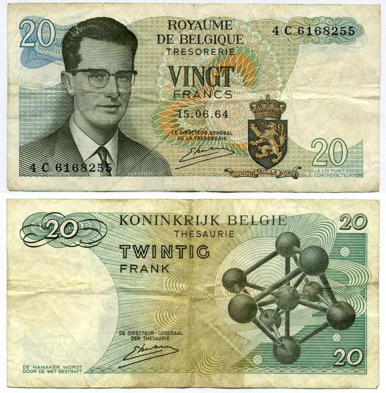 Бельгия 20 франков 1964 Бодуэн I, атомиум, Kestens Pick 138 (3) бумага 7221-58-3-1