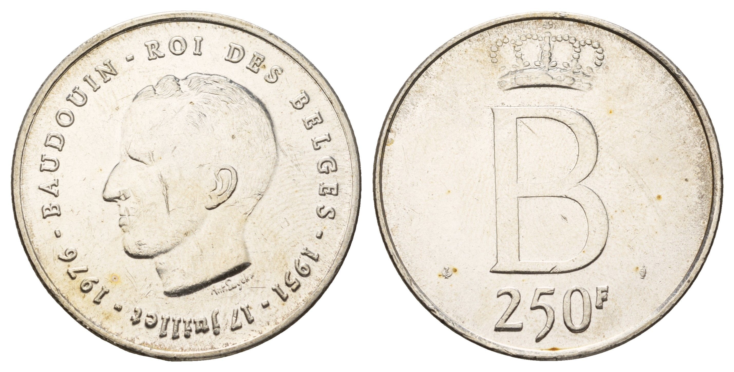 Бельгия 250 франков 1976 25 лет правления Бодуэна I, der Belges KM 157 серебро 1519-1235