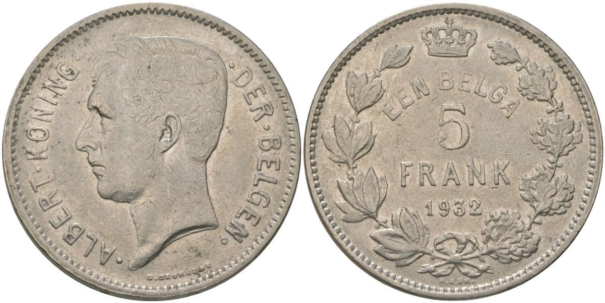 Бельгия 5 франков 1932 Belgen, Альберт I (1909-1934) KM 98 никель 4157-1134