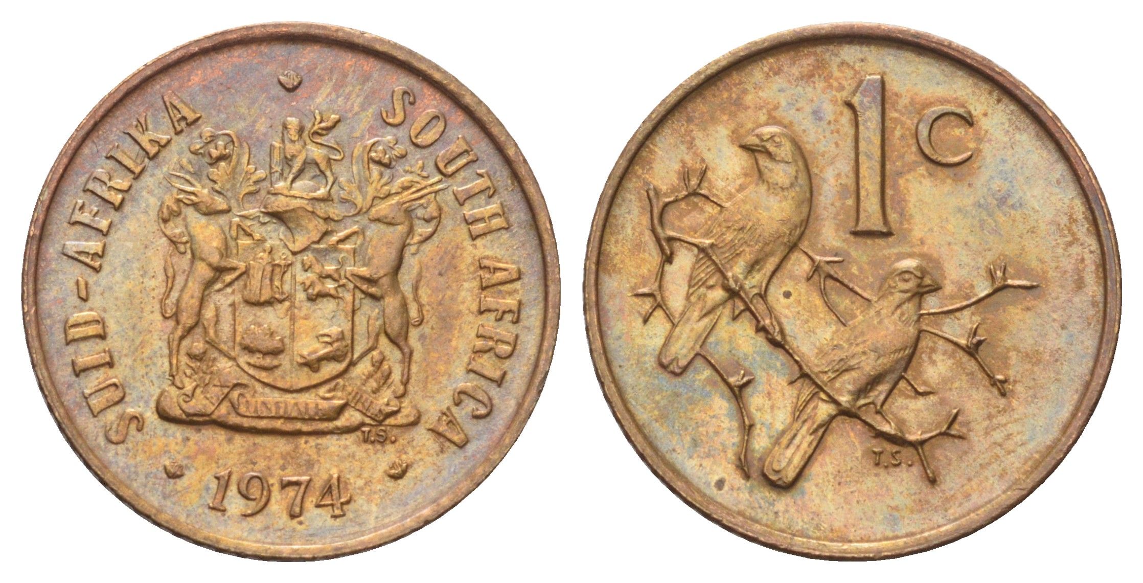 ЮАР 1 цент 1974 герб, капские воробьи KM 82 бронза UNC 4696-924