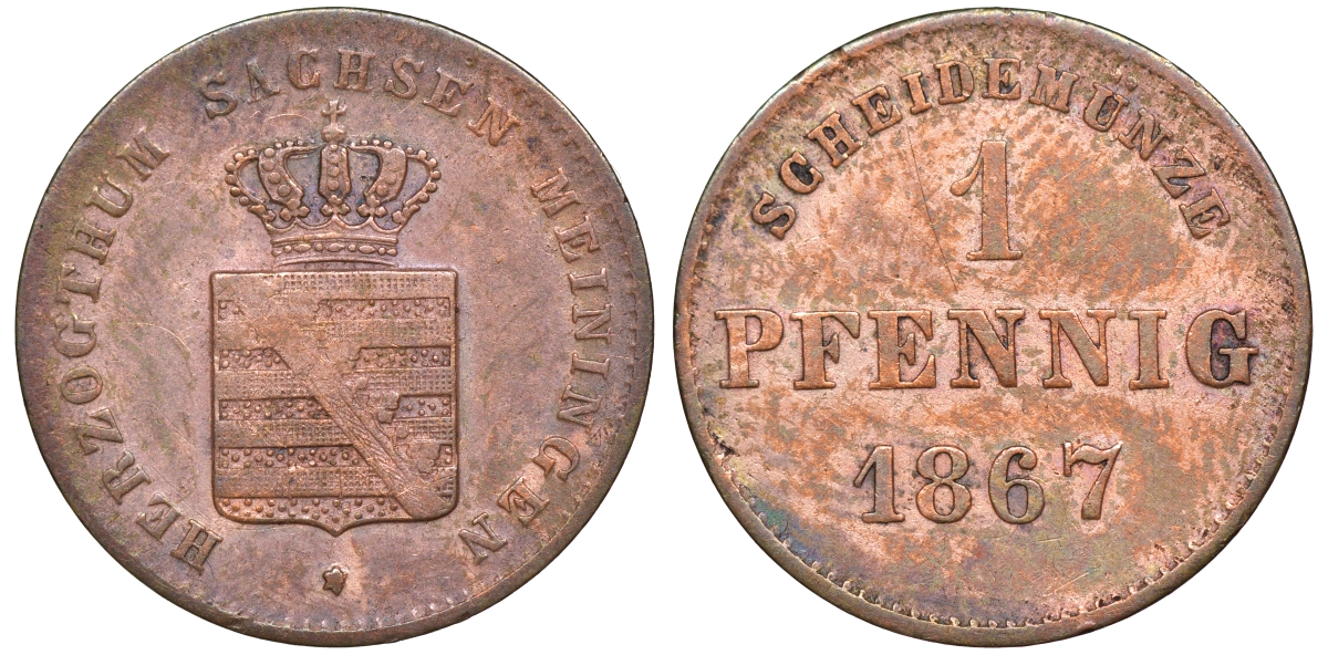 Саксен-Мейнинген 1 пфенниг 1867 Георг II (1866-1914) KM 173, AKS 221, J. 447 медь    220-939