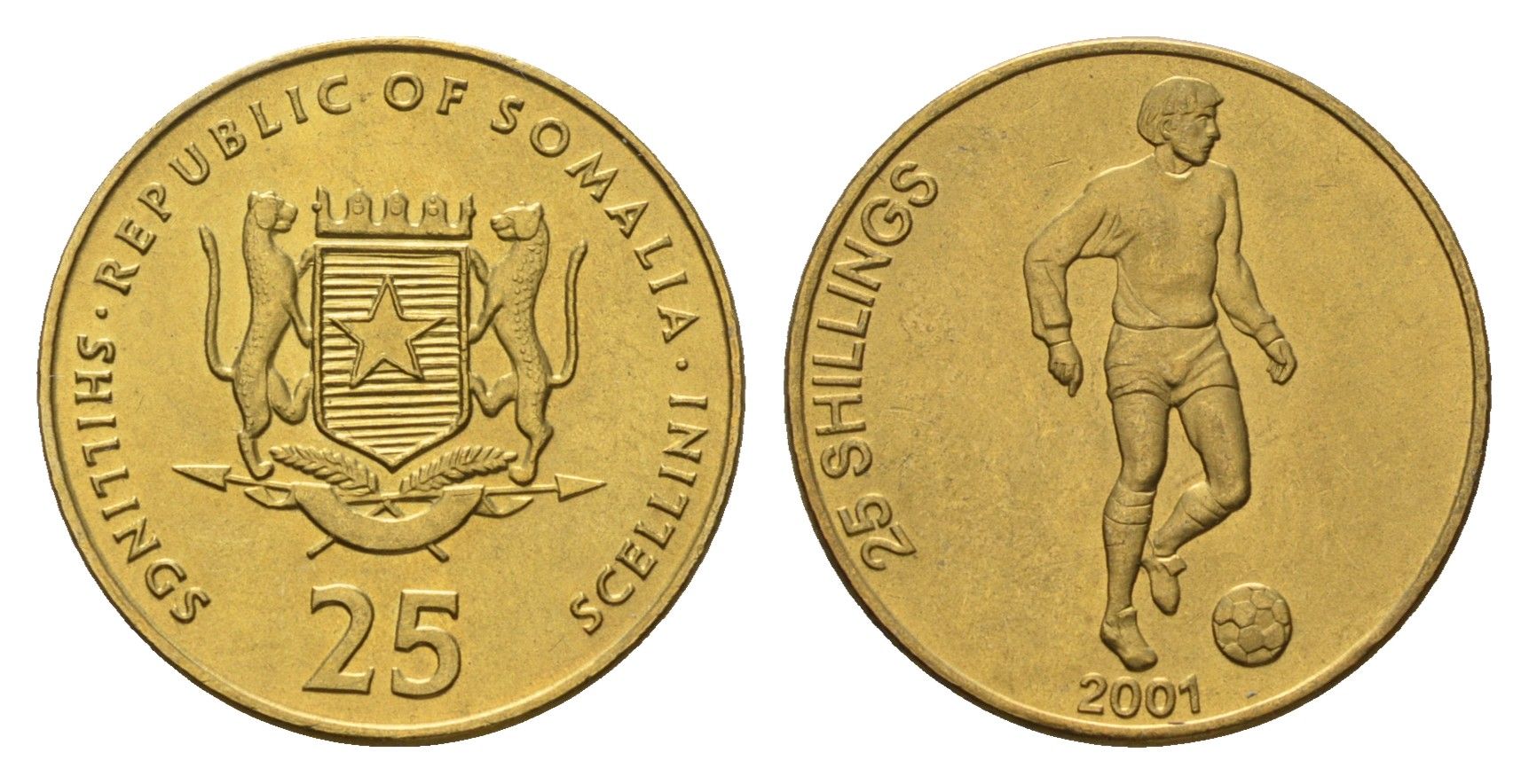Сомали 25 шиллингов 2001 год-тип, футболист KM 103 латунь UNC 4679-128