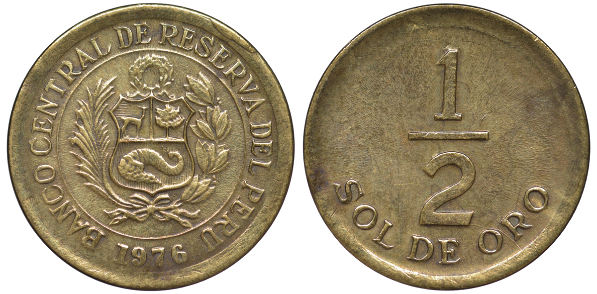 Перу 1/2 соля 1976 KM 265 латунь 4189-961