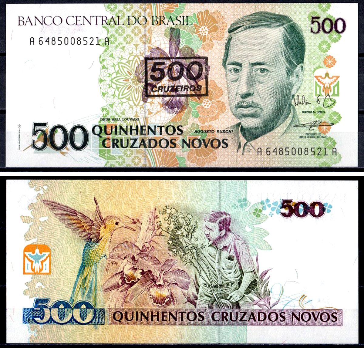 Бразилия 500 крузейро ND (1990) надпечатка на 500 крузадо новых, Аугусто Руши - Бразильский биолог Pick 226 b бумага UNC (пресс) 402-56-3-2