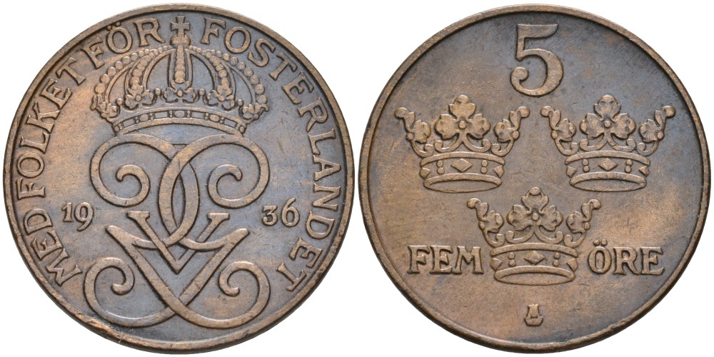 Швеция 5 эре 1936 Густав V (1907-1950) KM 779.2 бронза 4557-631