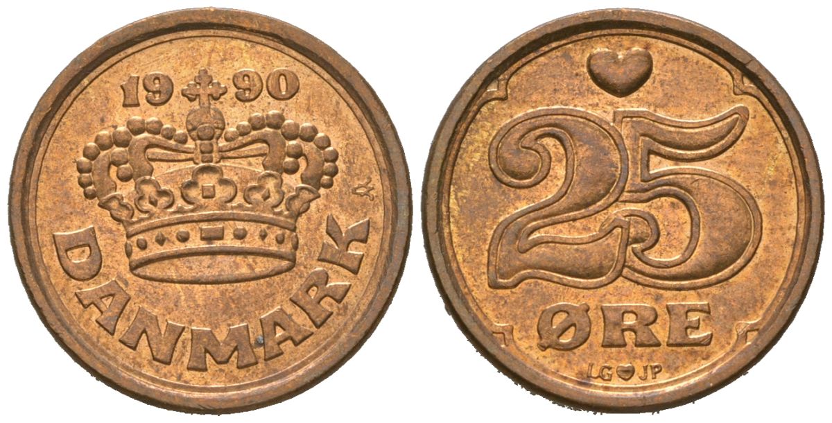 Дания 25 эре 1990 Маргрете II (1972-2024) KM 868 бронза UNC 4621-533