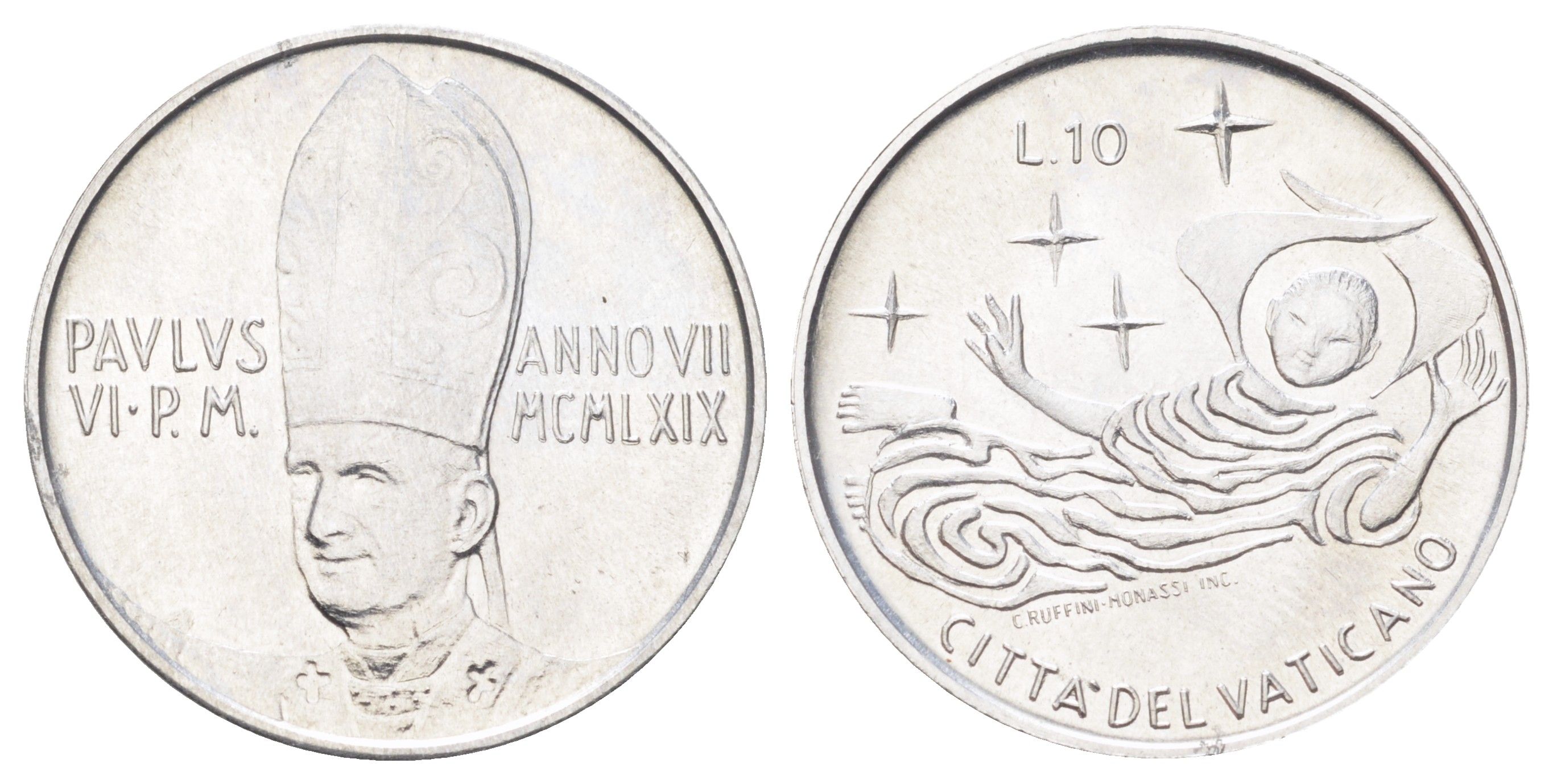 Ватикан 10 лир 1969 MCMLXIX, год-тип KM 111 алюминий UNC 4700-641