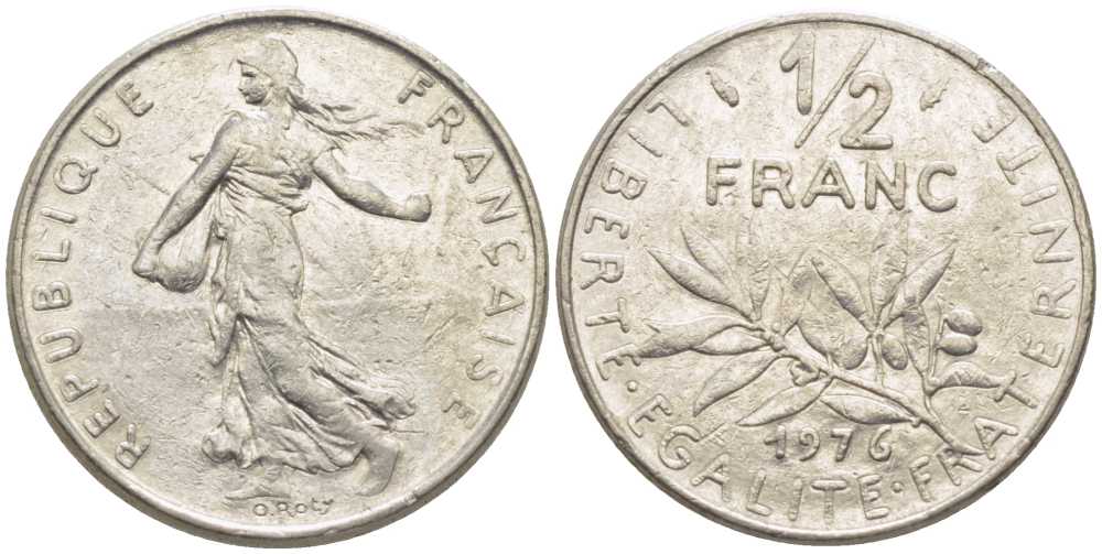 ФРАНЦИЯ 1/2 ФРАНКА 1976 СЕЯТЕЛЬ KM 931.1, LE FRANC 198.15 никель 175-947