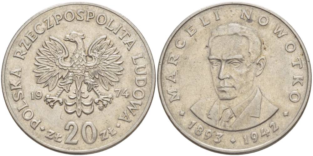 Польша 20 злотых 1974 MW, Марцелий Новотко KM 69, Parchimowicz 246 медно-никель 4542-1136