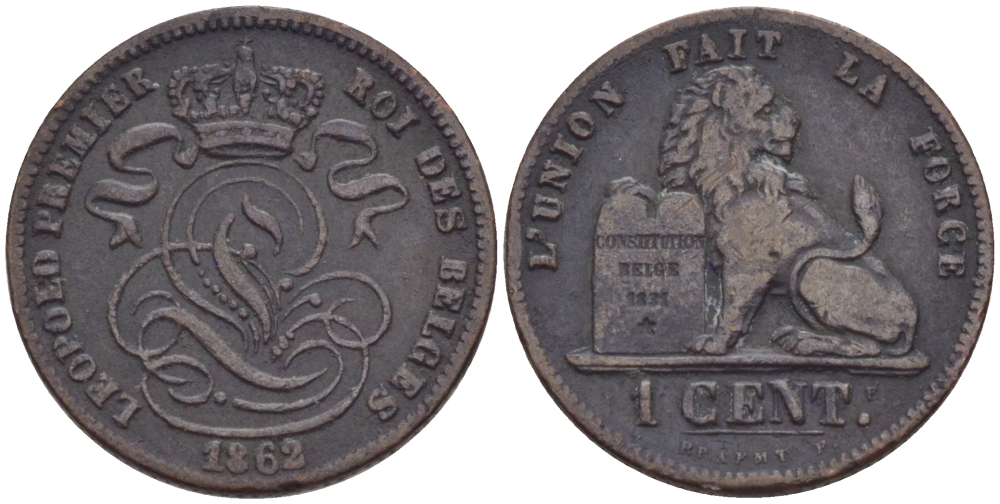 БЕЛЬГИЯ 1 САНТИМ 1862 BELGES KM 1.2 медь 100-231