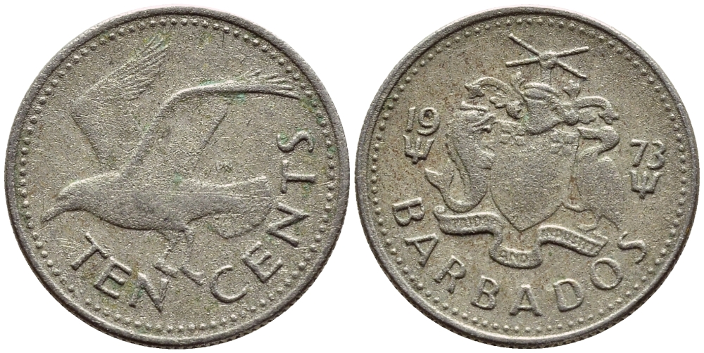 Барбадос 10 центов 1979 смеющаяся (Ацтекская) чайка KM 12 медно-никель 4396-1215