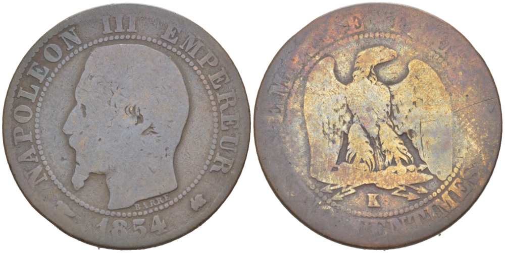 ФРАНЦИЯ 5 САНТИМОВ 1854 К, НАПОЛЕОН III (1852-1870) KM 777.5, LE FRANC 116.13 бронза 217-152