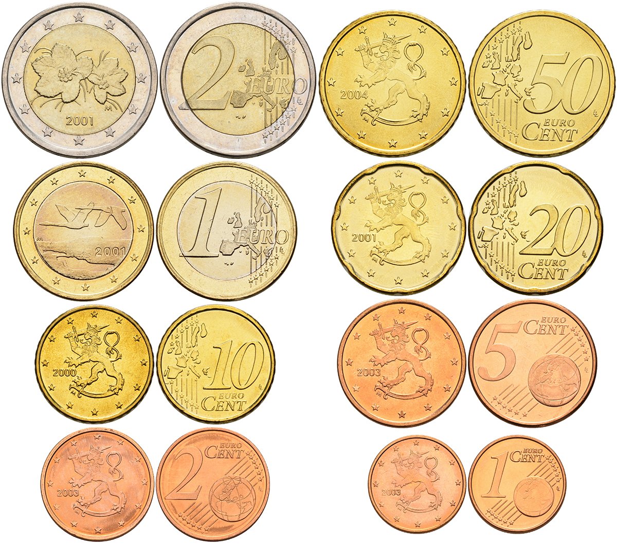 Финляндия евронабор из 8 монет 2000-2004 монеты в капсулах 1-4-3-38