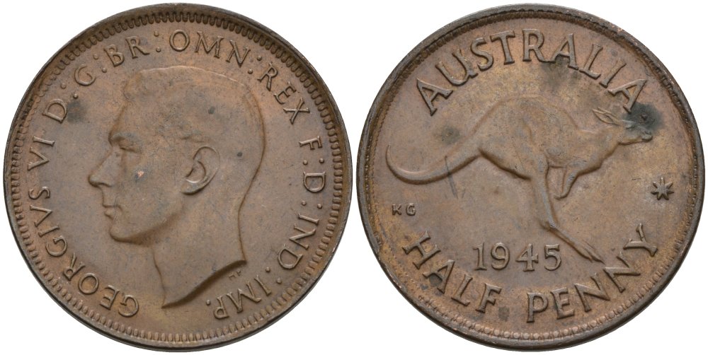 Австралия 1/2 пенни 1945 Георг VI (1937-1952), кенгуру KM 41 бронза 4579-125