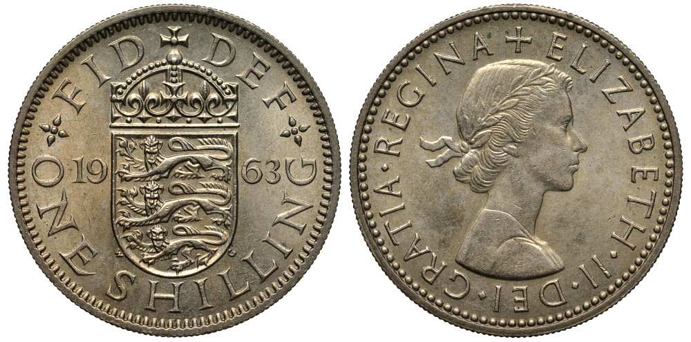 Великобритания 1 шиллинг 1963 Елизавета II (1952-2022), Английский герб KM 904, Spink 4147 медно-никель 117-1247