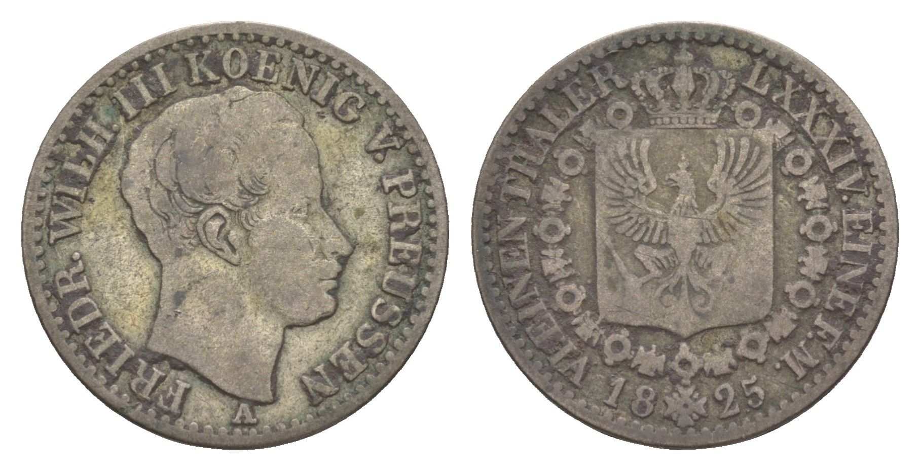 Пруссия 1/6 талера 1825 A, Фридрих Вильгельм III (1797-1840) KM 411 серебро 4604-734