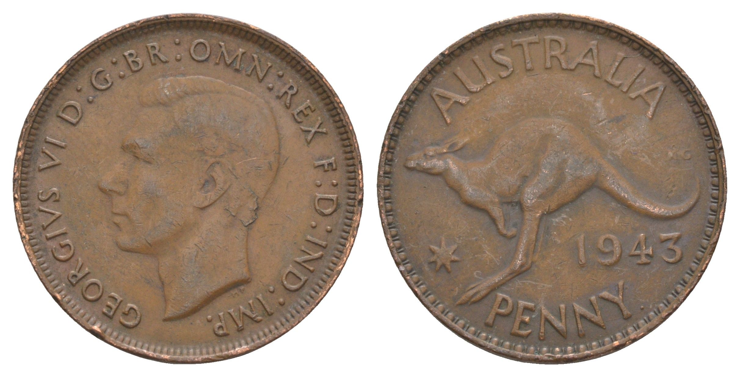 Австралия 1 пенни 1943 . , Георг VI (1936-1952), кенгуру KM 36 бронза 88-1112