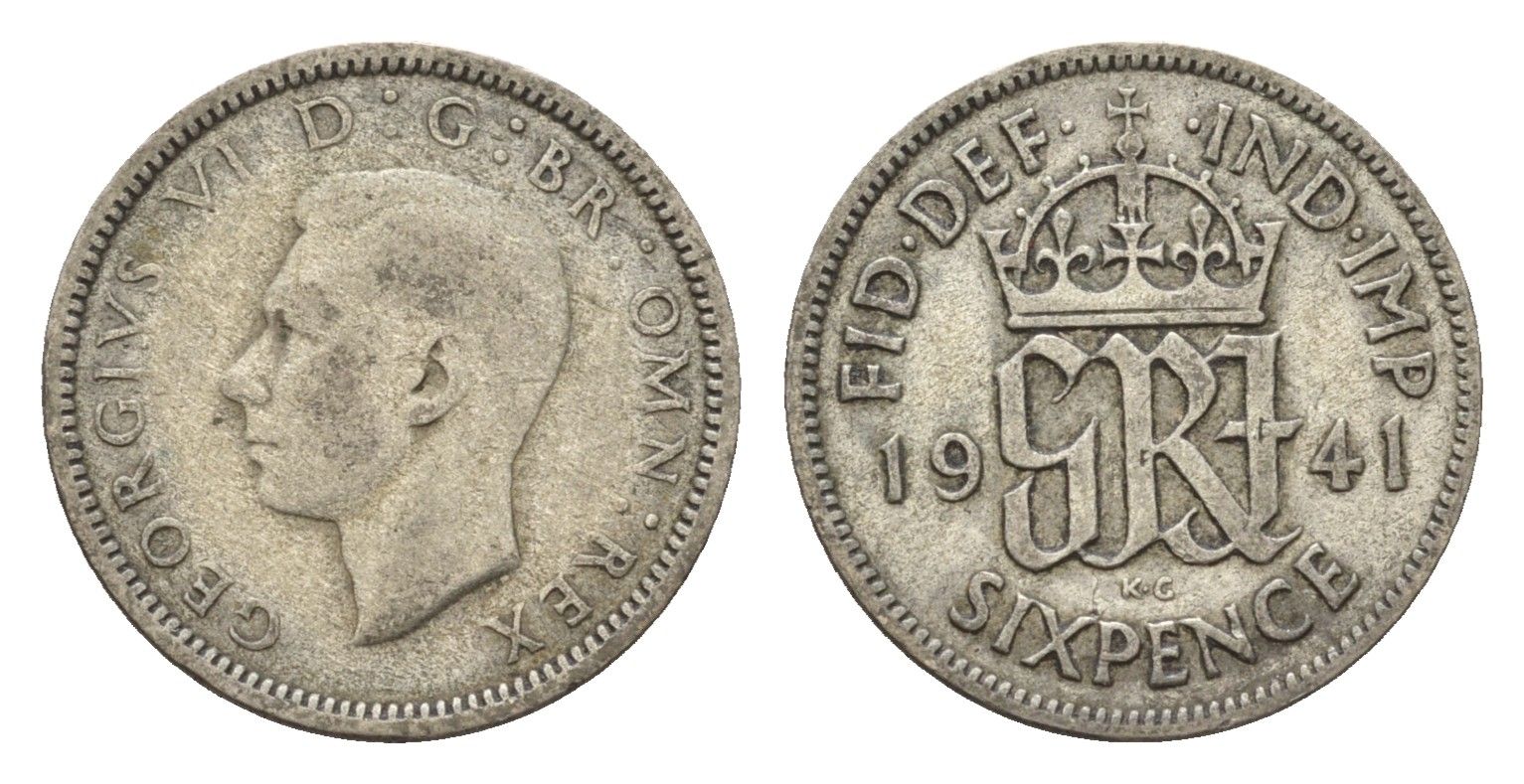 Великобритания 6 пенсов 1941 Георг VI (1936-1952) KM 852, Spink 4084 серебро 4644-1219