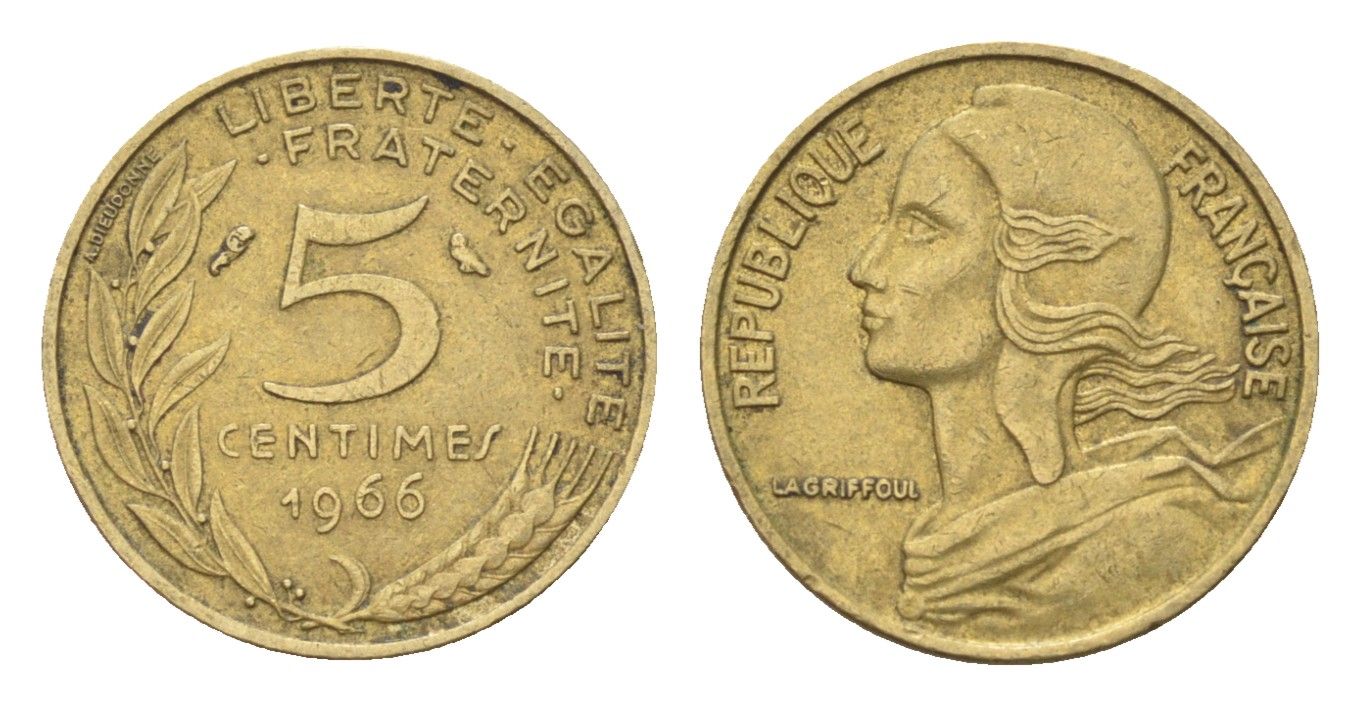 Франция 5 сантимов 1966 тип Morlon KM 933, Le Franc 125.2 алюминиевая бронза 4702-1227