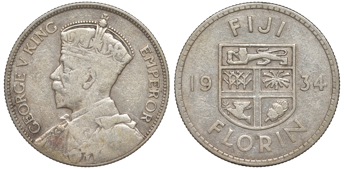 Фиджи 1 флорин 1934 Георг V (1910-1936), герб Фиджи KM 5 серебро    91-1123
